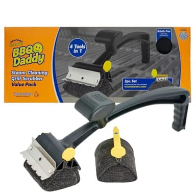 Scrub Daddy BBQ Daddy + Refill Heads - BBQ Cleaning Brush with Scraper & Bottle Opener, Barbeque Grill Cleaner, Wire Bristle Free, Barbecue Cleaner Brushes, High-Tech Cleaning Accessories for Men