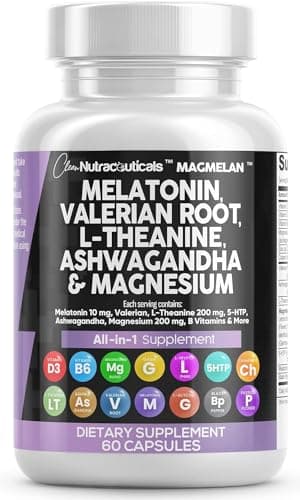 Clean Nutraceuticals Melatonin 10mg Valerian Root L Theanine 200mg Ashwagandha - Sleep Support for Women & Men with Magnesium Complex, Lemon Balm, Chamomile, & Passion Flower - 60 Caps