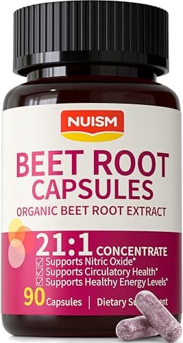 NUISM Organic Beet Root Capsules - Beetroot Extract 21:1 Concentrate Beets Supplements for Nitric Oxide, Healthy Blood Pressure, Blood Flow Circulation, Energy Gluten-Free 90 Powder Caps