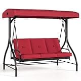 TLSUNNY 3-Seat Patio Swing Chair W/Adjustable Canopy & Backrest, Removable Seat Cushion, Convertible Porch Bed with Stand, 45° Adjustable Canopy, for Backyard, Poolside, Balcony, 750LBS
