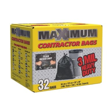 Maximum Heavy Duty Garbage Bags, 42-Gallon, 3 Mil, Black Garbage Bags Extra Large, Tear Resistant, Industrial Strength, 32 Counts