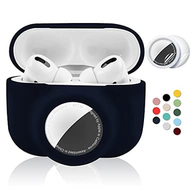 2 in 1 Protective Case for Apple AirPods Pro Air Tag Holder Combo, Soft Silicone Airpods Pro AirTag Case with 2 PCS Screen Protector, Anti-Scratch Anti-Fall Anti-Lost Shockproof Durable(NavyBlue)