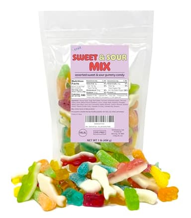 Sweet and Sour Dye-Free Gummy Candy Mix 1 Pound - Dye-Free Gummy Bears, Sour Worms, and Gummy Sharks, Halal Gummies, Candy Salad