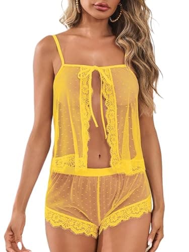 Kolagri Sexy Lingerie for Women Naughty Outfits Pajamas Set Backless Lingerie Pjs Cami Top and Shorts Nighties Yellow XXL