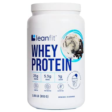 LeanFit WHEY Protein Cookies & Cream - 100% Whey Protein Powder, 25g Protein Per Serving - Grass-Fed, Gluten-Free, BCAAs, Amino Acid - 26 Servings, 1.88 lb Tub