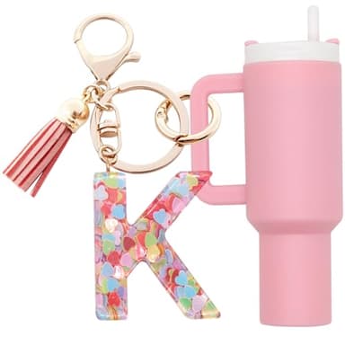 Altally Mini Tumbler Keychain Chapstick Holder,Cute Stanley Cup Charms For Backpack Initial Letter Keychains For Women Girls (K Pink)