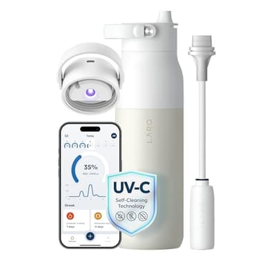 LARQ PureVis 2 Self Cleaning Water Bottle - UV Water Purifier with Filter Straw, Smart App Hydration Tracking, Insulated Stainless Steel - Granite White, 23 Oz