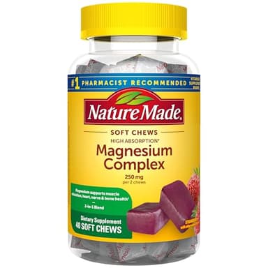Nature Made High Absorption Magnesium Complex Soft Chews, Magnesium Supplement for Muscle, Heart, Bone Support, Magnesium Citrate & Malate Blend 250 mg per Serving, 40 Vegetarian Chews, 20 Day Supply