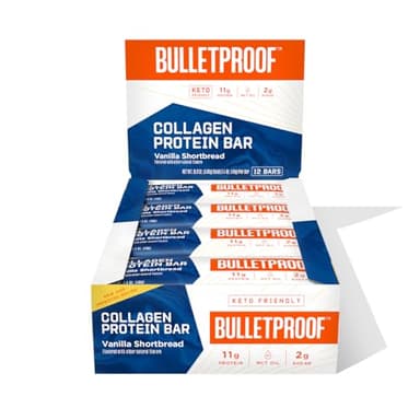 Bulletproof Vanilla Shortbread Collagen Protein Bars, Pack of 12, Keto-Friendly Snack with MCT Oil, 2g Sugar, No Added Sugar, Grass-Fed Collagen