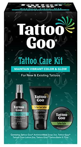 Tattoo Goo Aftercare Kit Includes Antimicrobial Soap, Balm, and Lotion, Tattoo Care for Color Enhancement + Quick Healing - Cruelty-Free, Petroleum-Free, Tattoo Artist Gifts (3 Piece Set)