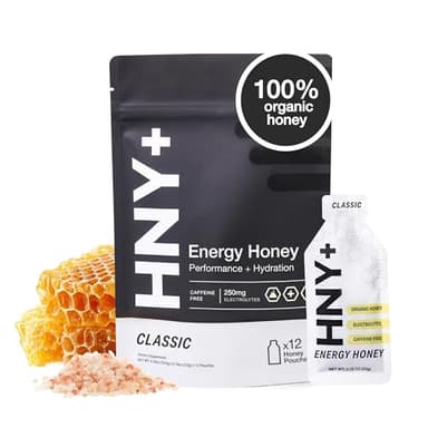 HNY+ Organic Honey Energy Gel with Electrolytes, Magnesium, Sea Salt & Potassium, Gluten Free & Vegan, Workout Gels, for Gym, Running, Cycling & Hiking, Sports Nutrition, Caffeine Free, 12 Pack