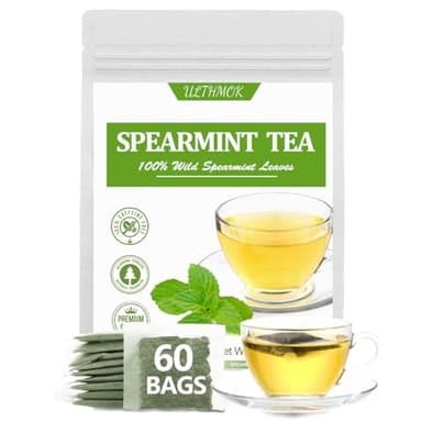 Premium 60 Spearmint Tea Bags, Made with 100% Pure Natural Spearmint Leaves, Caffeine Free & No Additives.