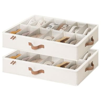 StorageWorks Shoe Organizer for Closet, Fits up to 24 Pairs, 2-Pack Ultra-thick Fabric Under Bed Shoe Storage Containers with Bottom Support and Adjustable Dividers, Beige