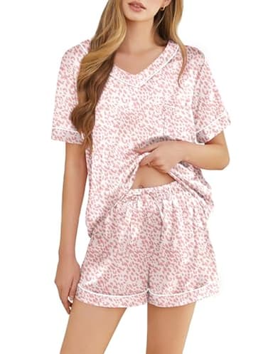 SHEFOTY Silk Pajamas for Women Short Sleeve Satin 2 Piece Pj Set Soft V Neck Sleepwear Loungewear, S-XXL