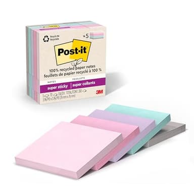 Post-it 100% Recycled Paper Super Sticky Notes, 3 in. x 3 in., 5 Pads, 70 Sheets per Pad, Wanderlust Pastels, New Year Organization or Second Semester School Supplies