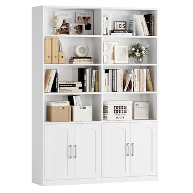 FACBOTALL Bookshelf and Bookcase with Doors, 6 Tier Double Wide Large Bookshelves, Open Display Shelves, 73'' Tall Bookshelf with Storage Cabinets for Home Office, Living Room, Library, White