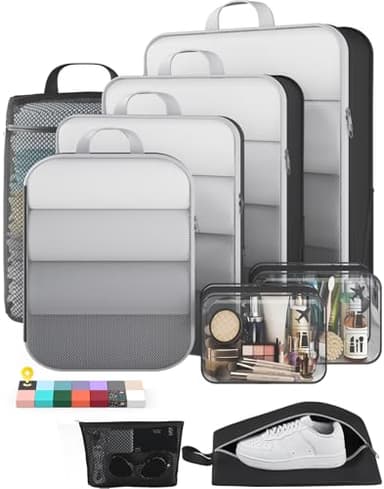 Veken 9/11 Set Compression Packing Cubes for Travel Essentials,Compressible Expandable Large Luggage Suitcase Organizer Bags for Clothing,Durable Space Saver Storage Bags with Toiletry Bags(Black)
