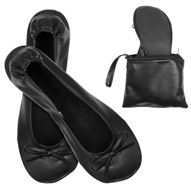 Lusofie Black Foldable Flats for Women with Zipper Pouch - Size 7-10.5 Foldable Ballet Flats for Women for Travel Office Weddings(Size: 7-8.5-Black)