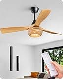 EDISHINE 52“ Boho Ceiling Fans with Lights, Wickerwork Cage, Timer & Remote Control, 6 Speeds, Indoor Noiseless Rattan Lighting & Ceiling Fans for Living Room, Bedroom, Dining Room