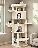 Globlazer C66 Corner Cat Tree for Large Cats, 66inch Tall Curved Series Large Cat Tower for Multiple Indoor Cats with 6 Scratching Posts, 2 Spacious Cat Condos, Hammock, Hanging Basket, Beige