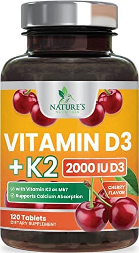 Vitamin D3 2000 IU 50mcg Per Serving - Vitamins D & K2 (MK7) Complex Supplement for Bone, Teeth, Muscle, Calcium Absorption, Supports Immune & Heart Health, Chewable Formula USA Bottled - 120 Tablets
