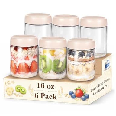 SECLENT Overnight Oats Containers with Lids, 16oz Glass Storage Containers with Lids, Wide Mouth Mason Jars, Glass Jars with Airtight Lids for Salad, Yogurt, Chia Seed, Pudding, Meal Prep 6-Pack