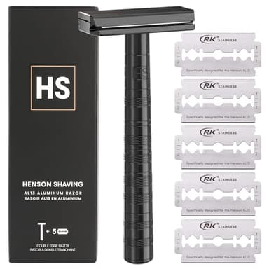 Henson Shaving Razor - Jet Black Double Edge Safety Razor with 5 Spare Blades - 30° Angled Precision With Superior Blade Rigidity- Reusable Single Blade Razors For Men and Women - Mild Aggression