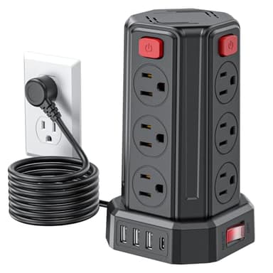 Power Strip Surge Protector, 6.5 Ft Extension Cord with 12 AC Multiple Outlets 4 USB (1 USB C), SMALLRT Power Tower Desktop Charging Station (Black, 6.5 Ft)