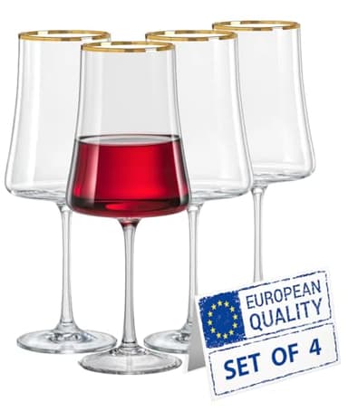 Biandeco Gold Rim Wine Glasses | Set of 4 | Long-Stem Handblown Bohemia Crystal Glass for Red & White Wine, Elegant Lead-Free Glassware 13.5 oz