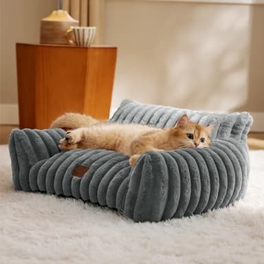 Bedsure ComfyFleece Cat Couch for Pets - Fluffy Cat Sofa with Premium Soft Corduroy Fleece, Fluffy Pet Couch Bed with Removable Washable Cover, Supportive Pet Chair for Indoor Cats, 24inch, Warm Grey
