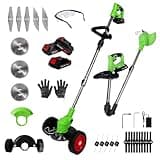 Cordless Weed Wacker Battery Powered Electric 21V 2.0Ah*3pcs 5 Types Blade&Wheels Grass Trimmer/Lawn Edger/Mower/Brush Cutter, Weeder Tool for Lawn Garden Pruning/Trimming (Foldable)