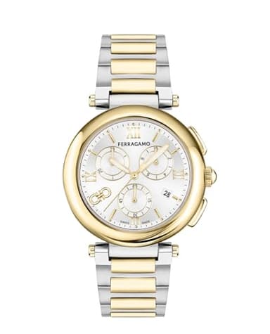 Ferragamo Ferragamo Legacy Collection Luxury Womens Watch Timepieces with a Two Tone Bracelet and Case Featuring a Silver Dial