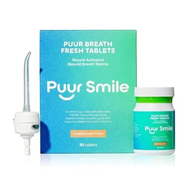 Puur Smile Breath Fresh Tablets with Nozzle – Refreshing Nozzle Attached Water Flosser Activated Oral Care Tablets for Fresh Breath & Cleaning, Cinnamon Mint Flavor (30 Count)