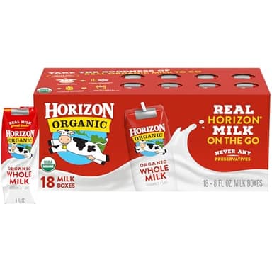 Horizon Organic Shelf Stable Whole Milk Boxes, 8 fl oz, 18 Count - 8g Protein per Serving, USDA Organic UHT from Pasture-Raised Cows, Ready to Drink for Lunchbox, Travel, or On-the-Go, No Refrigeration Needed