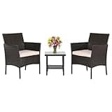 FDW Patio Bistro Conversation Set Wicker Furniture 2 Rattan Chairs Cushions and Glass Coffee Table for Porch Lawn Garden Balcony Backyard, 3 Pieces, Brown and Khaki