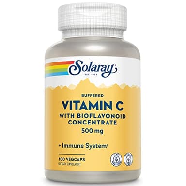 SOLARAY Buffered Vitamin C 500mg - with Bioflavonoids, Rose HIPS and Acerola Cherry - Immune Support Supplement - Easy to Digest, Vegan, Lab Verified, 60-Day Guarantee - 100 Servings, 100 VegCaps