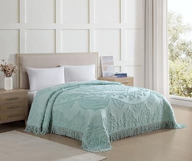 Beatrice Home Fashions Full, Blue, Lotus Medallion 100% Cotton Chenille Bedspread, Soft, Cozy, Lightweight, Fringe