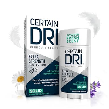 Certain Dri Extra Strength Clinical Solid Antiperspirant - 72-Hour Sweat & Odor Protection for Hyperhidrosis - Maximum-Strength - Powder Fresh Scent - 1.7 oz (Pack of 1)