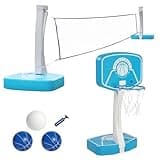 Ktaxon Pool Basketball Hoop & Volleyball Set, 2 in 1 Outdoor Portable Poolside Basketball Hoop Stand Game Set with Volleyball Net for Swimming Pool and Party, All Accessories Included