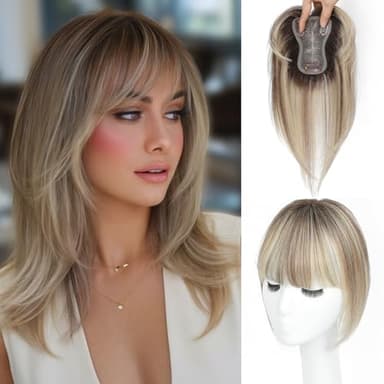Hair Toppers for Women Real Human Hair Toppers with Bangs 4.5 * 3 Inch Upgrade Swiss Lace Base Human Toppers for Women with Thinning for Cover Gray Hair Roots（Ombre Light Brown with Blond Highlight）