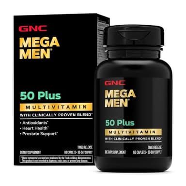 GNC Mega Men 50 Plus Multivitamin Caplets for Men, Clinically Proven, Heart & Prostate Health, B Vitamins, Saw Palmetto, Memory, Vitamin D-3, 60 Count