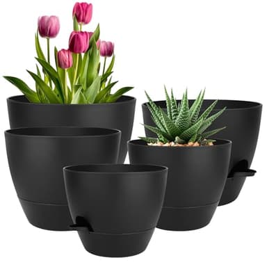 QRRICA Plant Pots 10/9/8/7.5/7 Inch Self Watering Pots, Set of 5 Plastic Planters with Drainage Holes and Saucers,Plastic Flower Pots,Nursery Planting Pot for Indoor Out Door Plants(All Black)