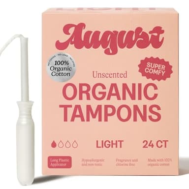 August Light Tampons - 24-Pack 100% Organic Cotton Tampons for Women and Anyone Who Menstruates, Non-Toxic, Fragrance-Free, and Hypoallergenic with Long Applicators