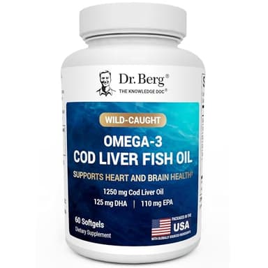 Dr. Berg Omega-3 Cod Liver Fish Oil 60 Softgels – Wild-Caught Icelandic Cod – Omega 3 EPA & DHA – Heart, Brain, Immune & Eye Support* – Lemon Flavor – 4X Lab-Tested – Non-GMO, No Fillers