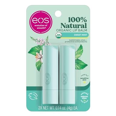 eos 100% Natural & Organic Lip Balm Sticks - Sweet Mint, All Natural Lip Balm, All-Day Moisture, Dermatologist Recommended, 0.14 oz, 2-Pack