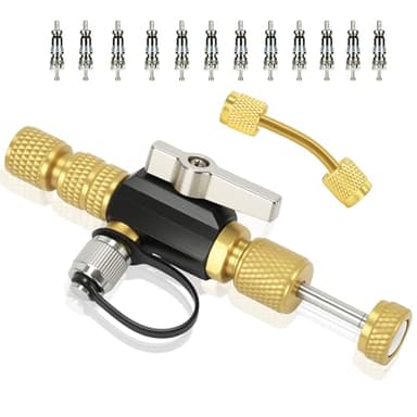 Upgrade Valve Core Removal Tool& 1/4" SAE Extension Connector Fitting&12Pcs Valve Cores, 2 Sizes 1/4"&5/16",Vacuum-Rated Core Removal Tool HVAC, 20 Microns Vacuum, Essential HVAC Tools