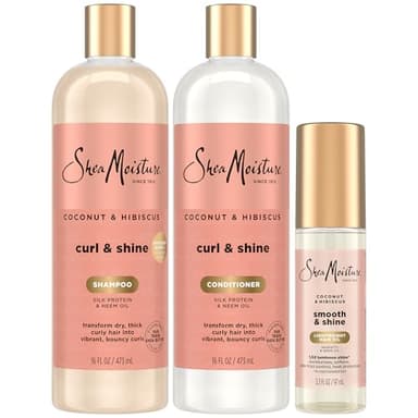 SheaMoisture Coconut & Hibiscus Curl & Shine Shampoo & Conditioner, Family Sizes + Smooth & Shine Oil for Bouncy Curls, Shiny Hair, Frizz Control