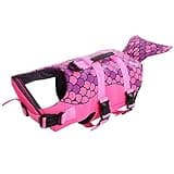 Queenmore Dog Life Jacket Ripstop Shark Dog Safety Vest Adjustable Preserver with High Buoyancy and Durable Rescue Handle for Small,Medium,Large Dogs, Pink Fish X-Small