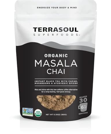 Terrasoul Superfoods Organic Instant Masala Chai, 6.35oz - 30 Servings | Mushroom Coffee Alternative | Energy, Focus, and Immunity Support