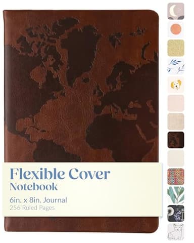 WORLD TRAVELER Eccolo Medium Lined Journal Notebook, Hardbound Cover, A5 Writing Journal, 256 Ruled Ivory Pages, Ribbon Bookmark, Lay Flat, Notebook for Work or School, Size 6X8, World Map